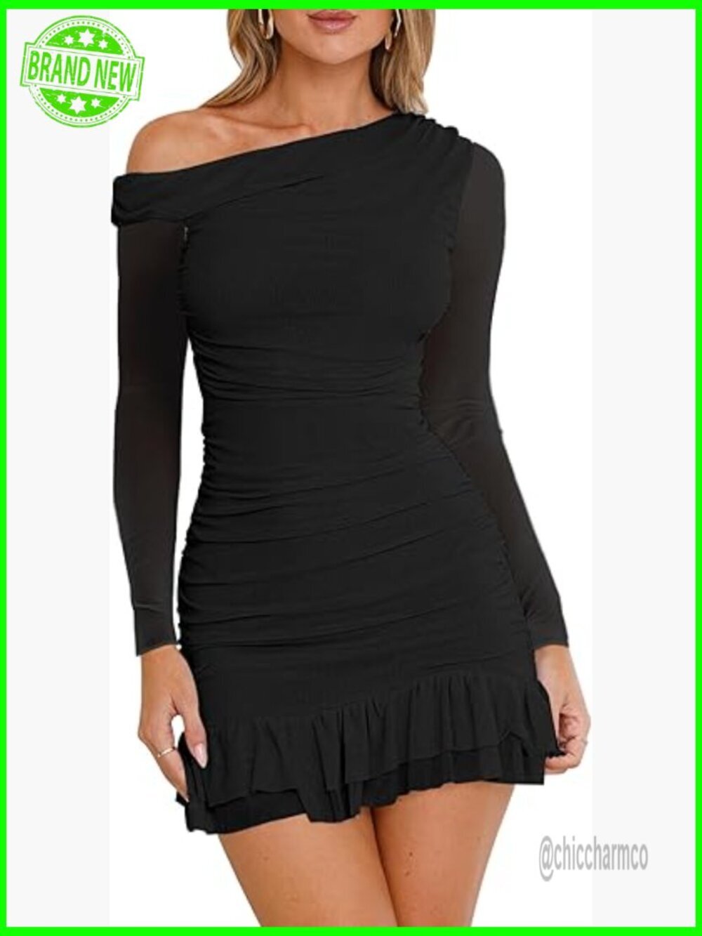 Sexy One Shoulder Bodycon Mini Dress Long Sleeve Ruched Ruffle Hem Club Party